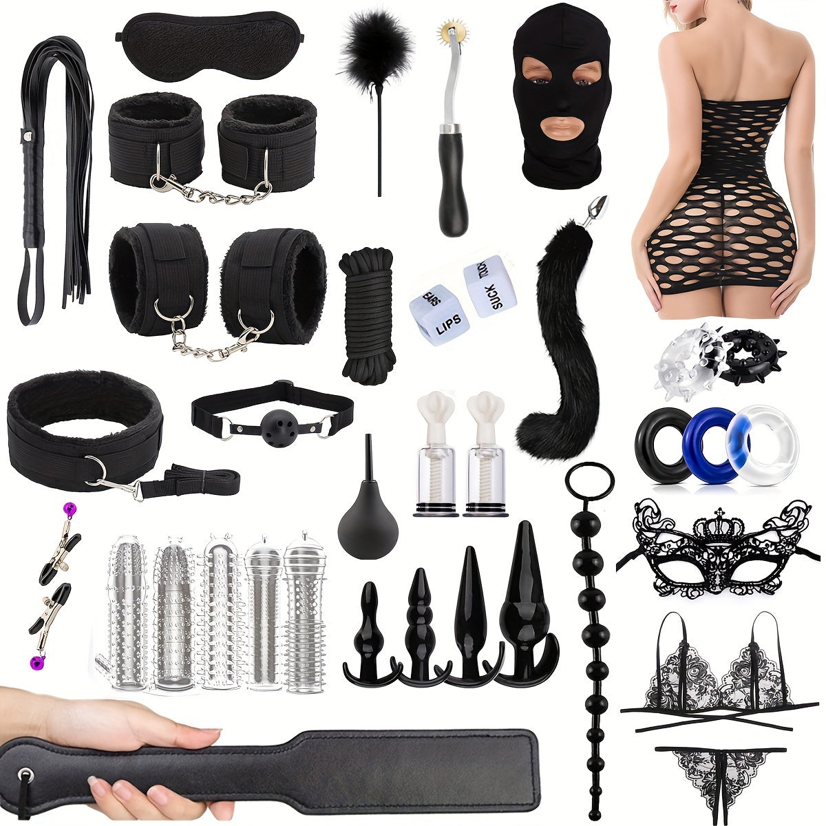14/38pcs Sexy Toy Set: Fox Tail Butt Plug with Bodycon Skirt, Mask for Role Reversal, Anal Plug, Bondage Restraint Tools, BDSM Adult Play Cuffs, Blindfold, and Spanking Accessories -Safe, Comfortable, and Fun
