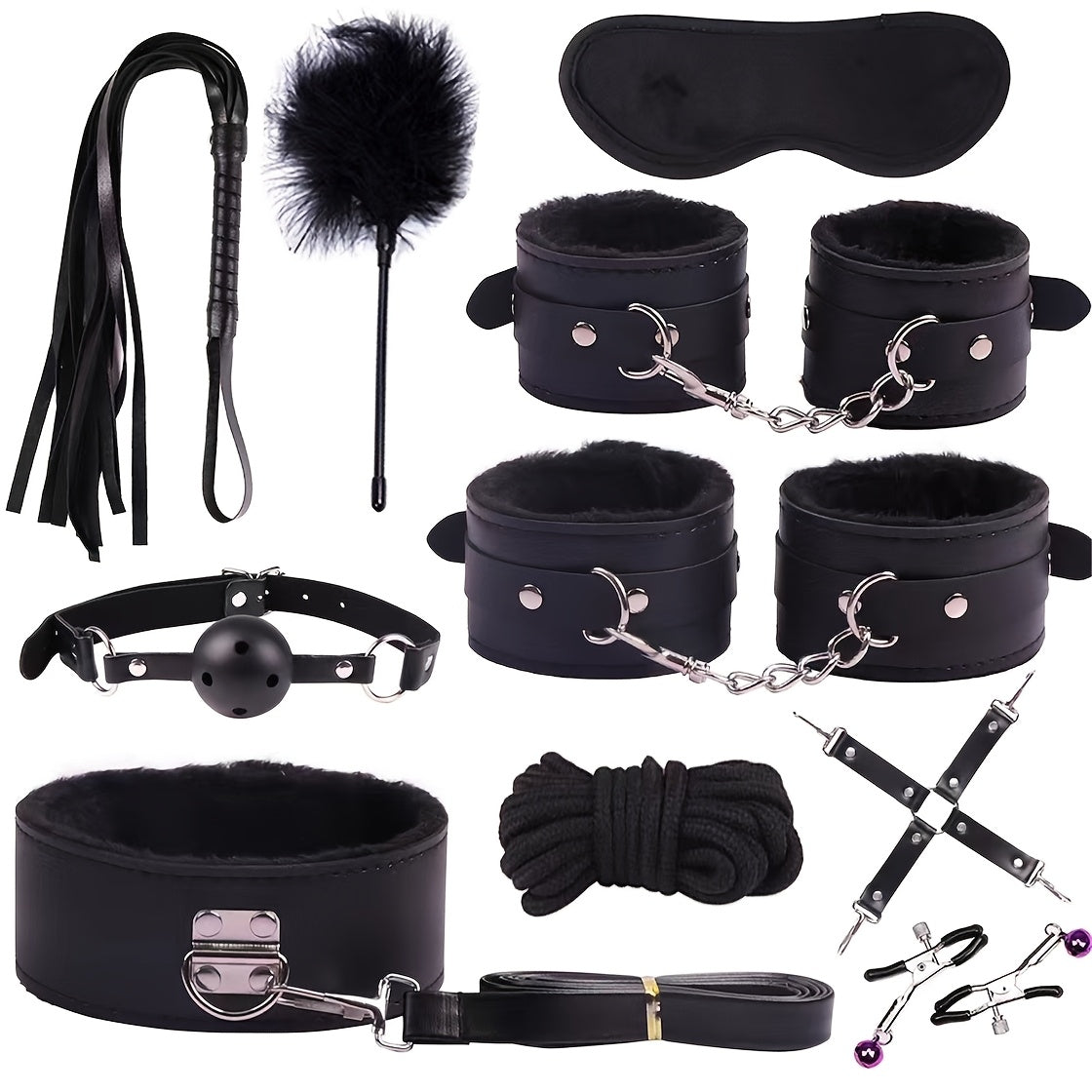 10pcs/SET Bondage Restraints BDSM Kit Bondage Set, Adult Restraint Set Hands And Legs Straps Rope Mask Cuffs Gags Nipple Clips For Couples Men Women - Perfect Gifts For Party - Purple/Pink/Black/Red