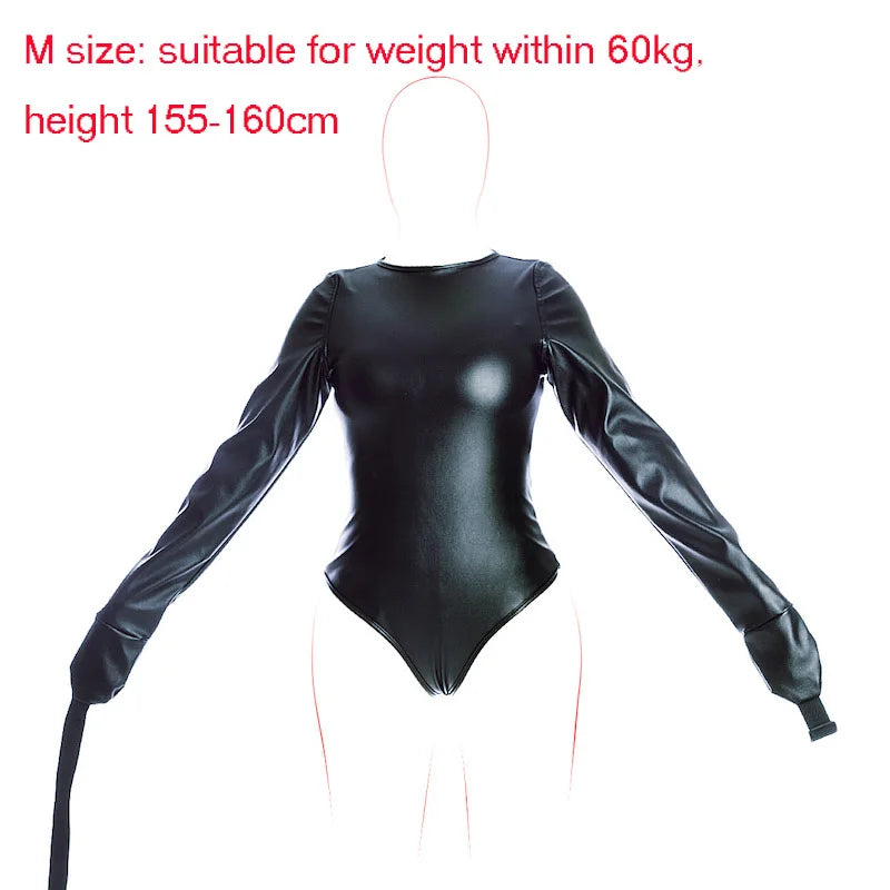 BDSM Bondage Long Sleeve Bodysuit,Adjustable Belt,Leather Arm Binder Restraint Straitjacket,Slave Cosplay Costume Women Sex Toys