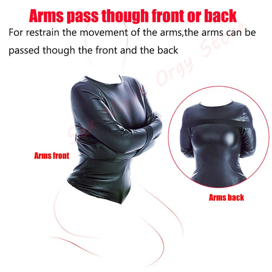 BDSM Bondage Long Sleeve Bodysuit,Adjustable Belt,Leather Arm Binder Restraint Straitjacket,Slave Cosplay Costume Women Sex Toys