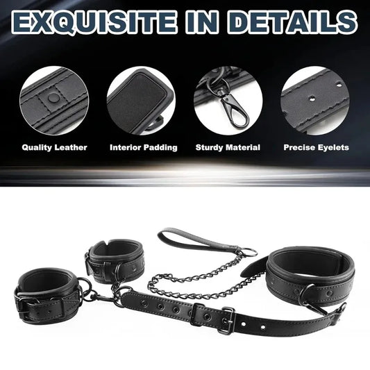 Neck-to-Wrist BDSM Bondage Restraints Kit – Couples Sex Toys with Chain Leash, Handcuffs & Collar for Slave Role Play