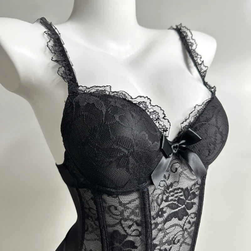 Black Corset Lingerie Dress Women Sexy Overbust Push Up Corset Lace Fishbone Corset Transparent Bustier Clubwear Lingeries 2025