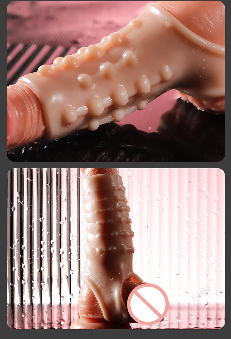 2PCS Reusable Penis Enlargement Sleeves Realistic Textured Cock Ring Sex Toy Enlarger Condom Soft Penis Sleeve for Men Couples