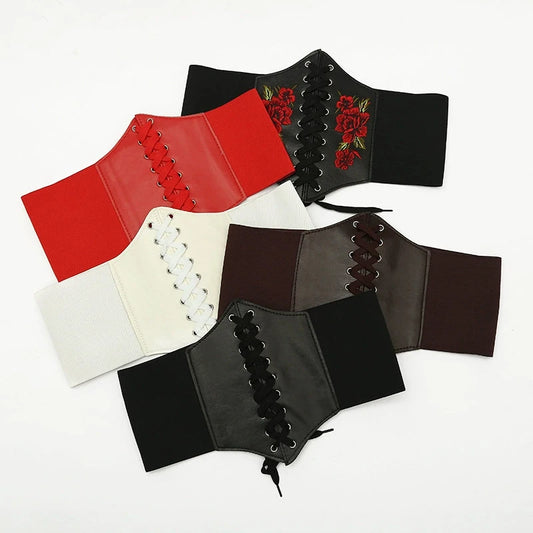 Adjustable High-Waist Black Faux Leather Corset Waist Belt