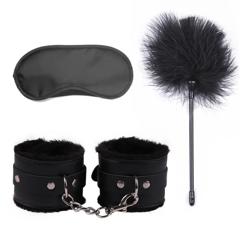 BDSM Set Sexy Leather Plush Erotic Handcuffs Flirt Feather Stick Bondage Kit Exotic Accessories Adult Games Sex Toys For Couples