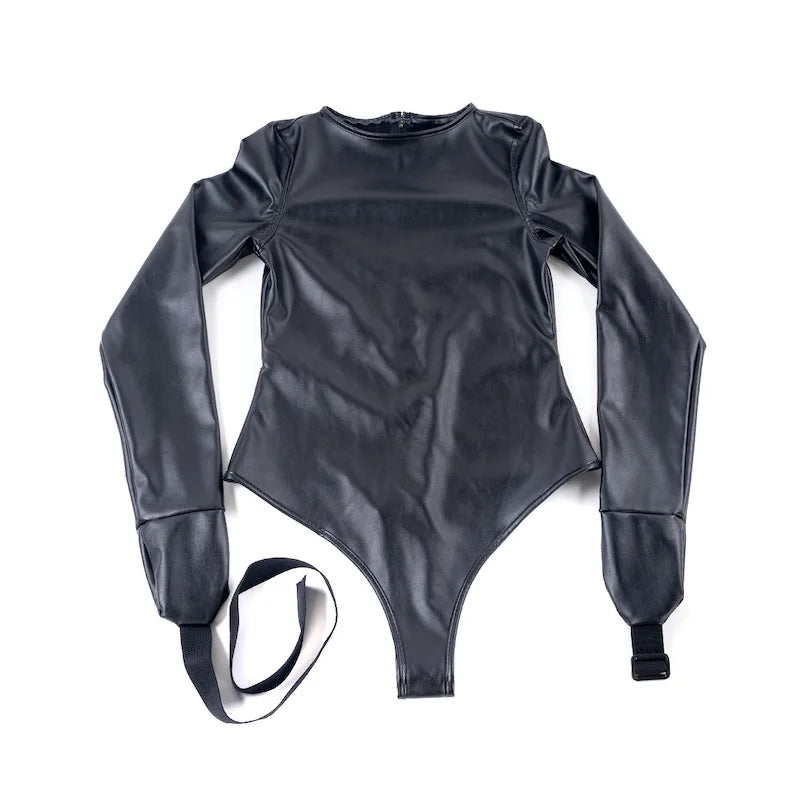 BDSM Bondage Long Sleeve Bodysuit,Adjustable Belt,Leather Arm Binder Restraint Straitjacket,Slave Cosplay Costume Women Sex Toys