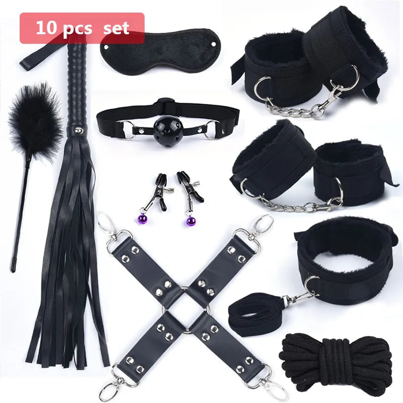 Bdsm 10 Speeds Vibrator Bondage Set Metal Sex Toys for Women Men Handcuffs Sex Nipple Clamps Whip Spanking Rope