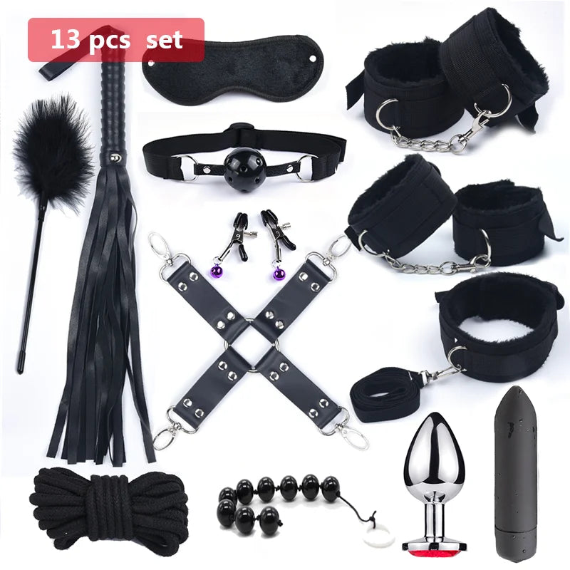 Bdsm 10 Speeds Vibrator Bondage Set Metal Sex Toys for Women Men Handcuffs Sex Nipple Clamps Whip Spanking Rope