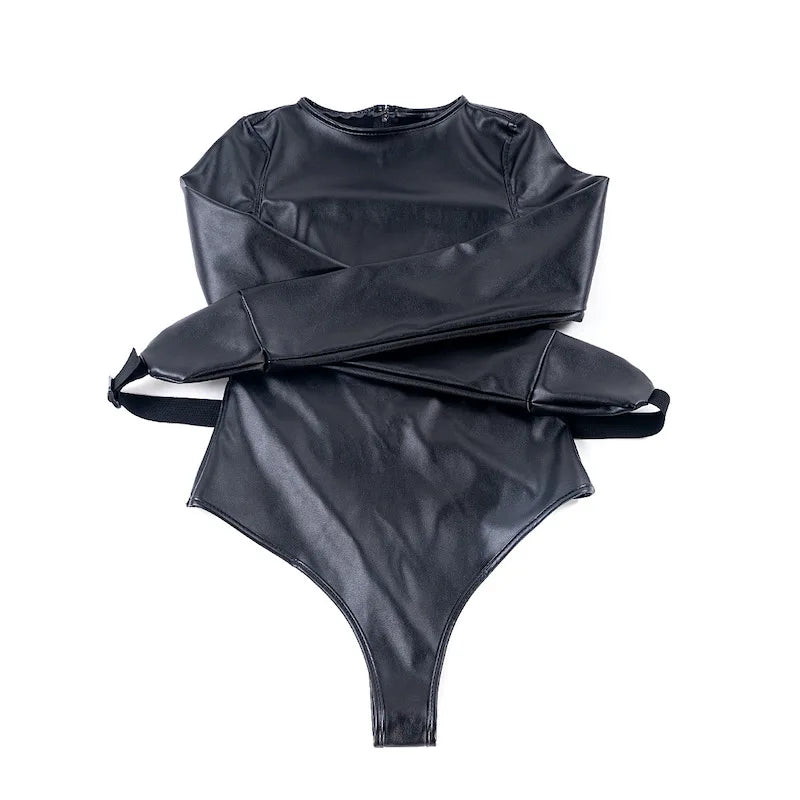 BDSM Bondage Long Sleeve Bodysuit,Adjustable Belt,Leather Arm Binder Restraint Straitjacket,Slave Cosplay Costume Women Sex Toys