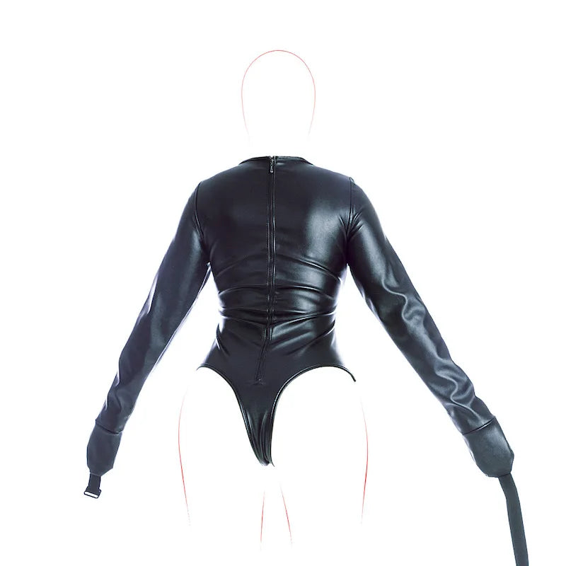 BDSM Bondage Long Sleeve Bodysuit,Adjustable Belt,Leather Arm Binder Restraint Straitjacket,Slave Cosplay Costume Women Sex Toys