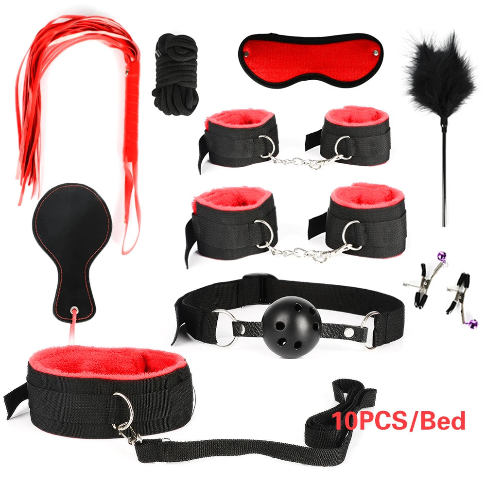 Exotic Bed Bondage Set BDSM Kits Exotic Sex Toys For Adults Games Leather Handcuffs Whip Gag Nipple Clamps Women Sex Products