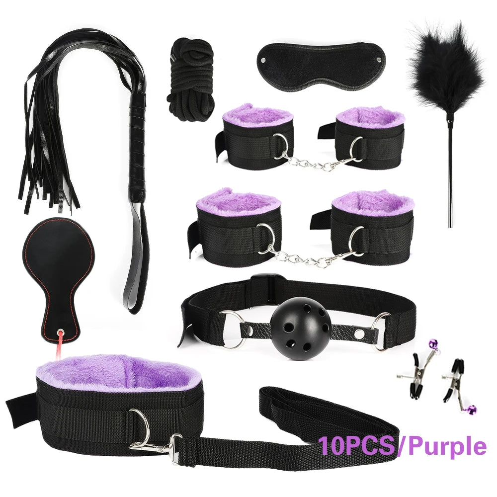 Exotic Bed Bondage Set BDSM Kits Exotic Sex Toys For Adults Games Leather Handcuffs Whip Gag Nipple Clamps Women Sex Products