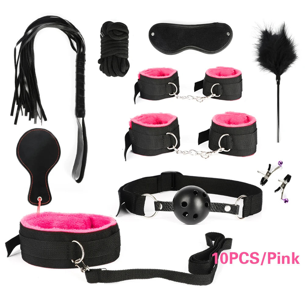 Exotic Bed Bondage Set BDSM Kits Exotic Sex Toys For Adults Games Leather Handcuffs Whip Gag Nipple Clamps Women Sex Products