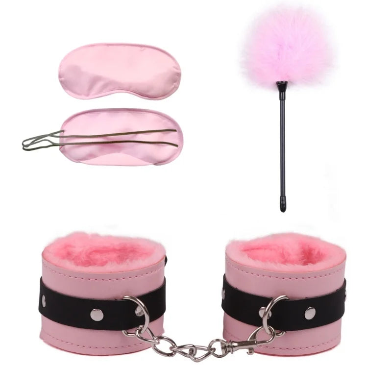 BDSM Set Sexy Leather Plush Erotic Handcuffs Flirt Feather Stick Bondage Kit Exotic Accessories Adult Games Sex Toys For Couples