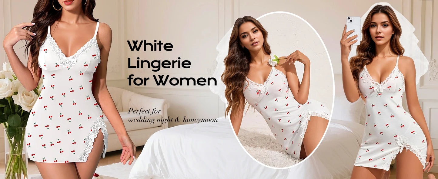 Lingerie for Women Sexy Night Gowns Lace Trim Sleep Dress V Neck Babydoll Chemise Dress Side Split Nighty