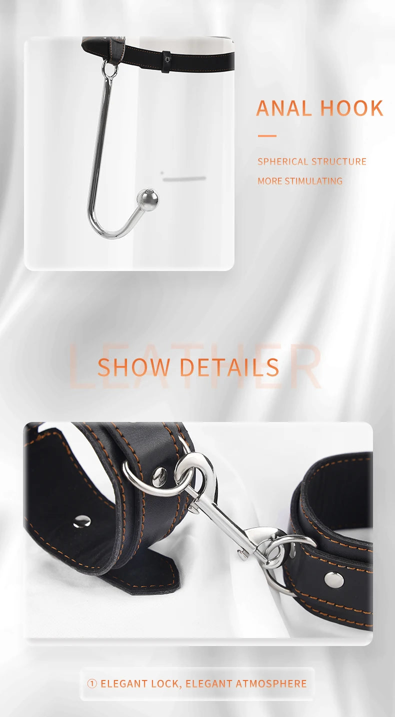 BDSM anal hook leather set, sex assist position, metal hook restraint, belt mouth plug handcuffs, adult sex toys