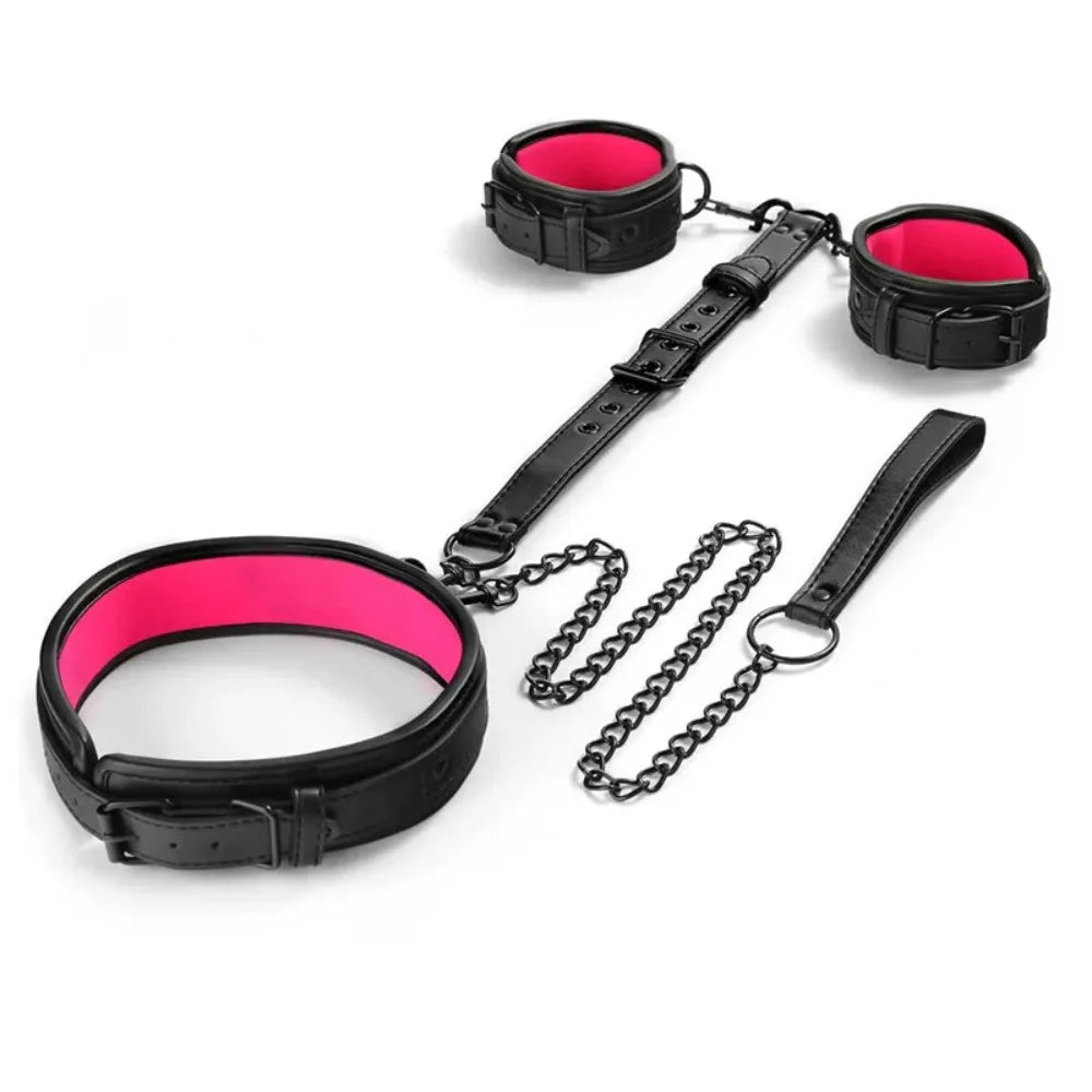 Neck-to-Wrist BDSM Bondage Restraints Kit – Couples Sex Toys with Chain Leash, Handcuffs & Collar for Slave Role Play