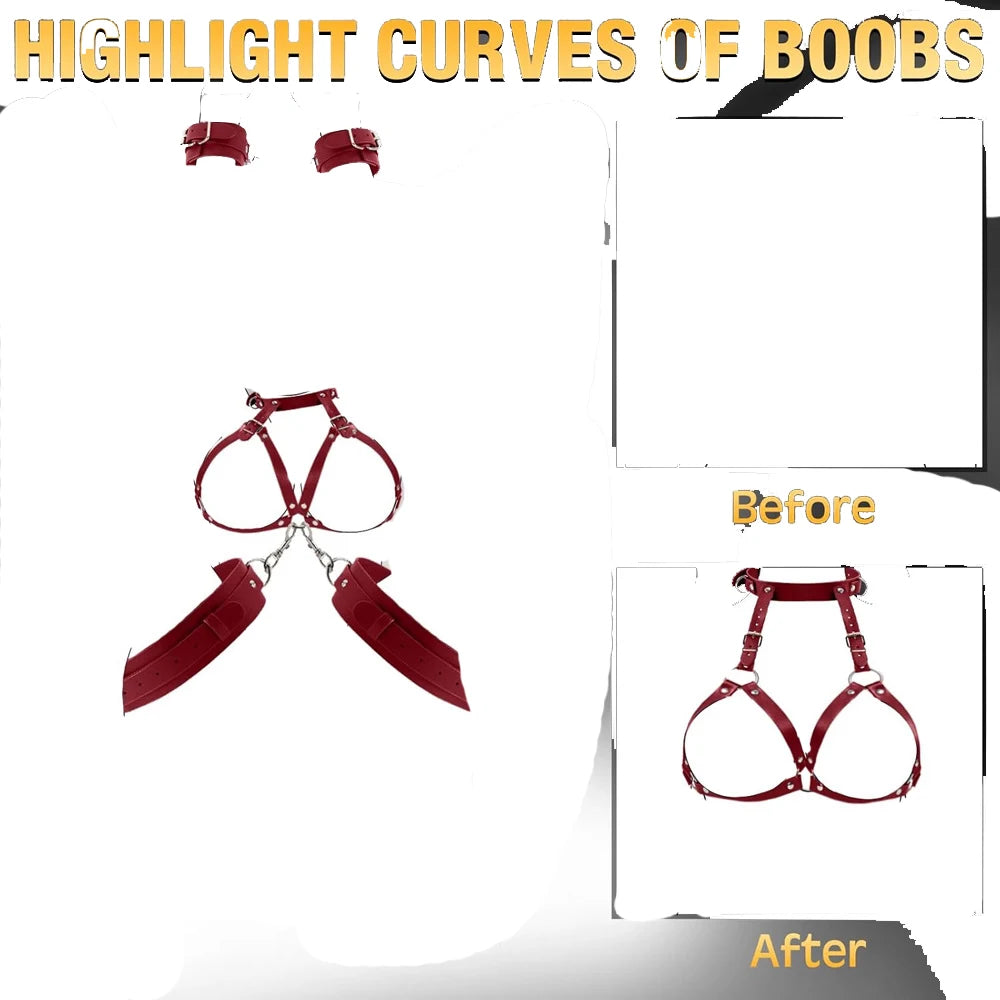 BDSM Body Restraint Neck Collar Handcuffs Bra Lift Up Leg Cuffs Sex Toy Set SM Slave Porn Games Erotic Bondage Gear Sex Product