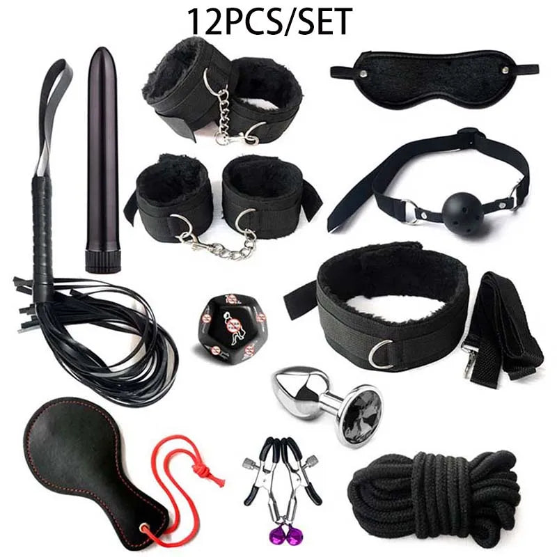 BDSM Kits Sex Bondage Set Handcuffs Gag Whip Nipple Clamps Erotic Sex Toys for Women Couples Adult Sex Shop Anal Butt Plug Tail