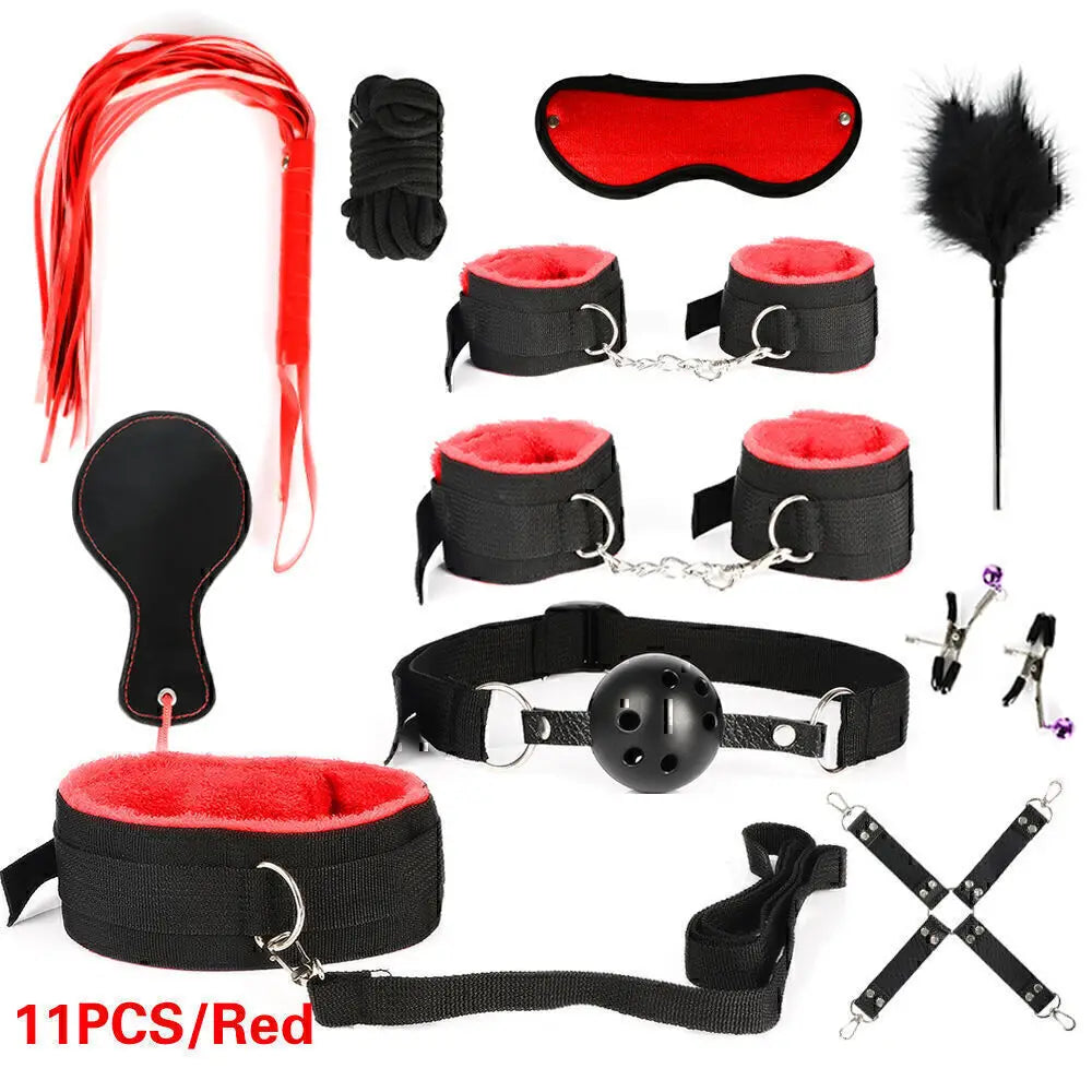 BDSM Kits Exotic Bed Bondage Set Exotic Sex Toys For Adults Games Leather Handcuffs Whip Gag Nipple Clamps Women Sex Products