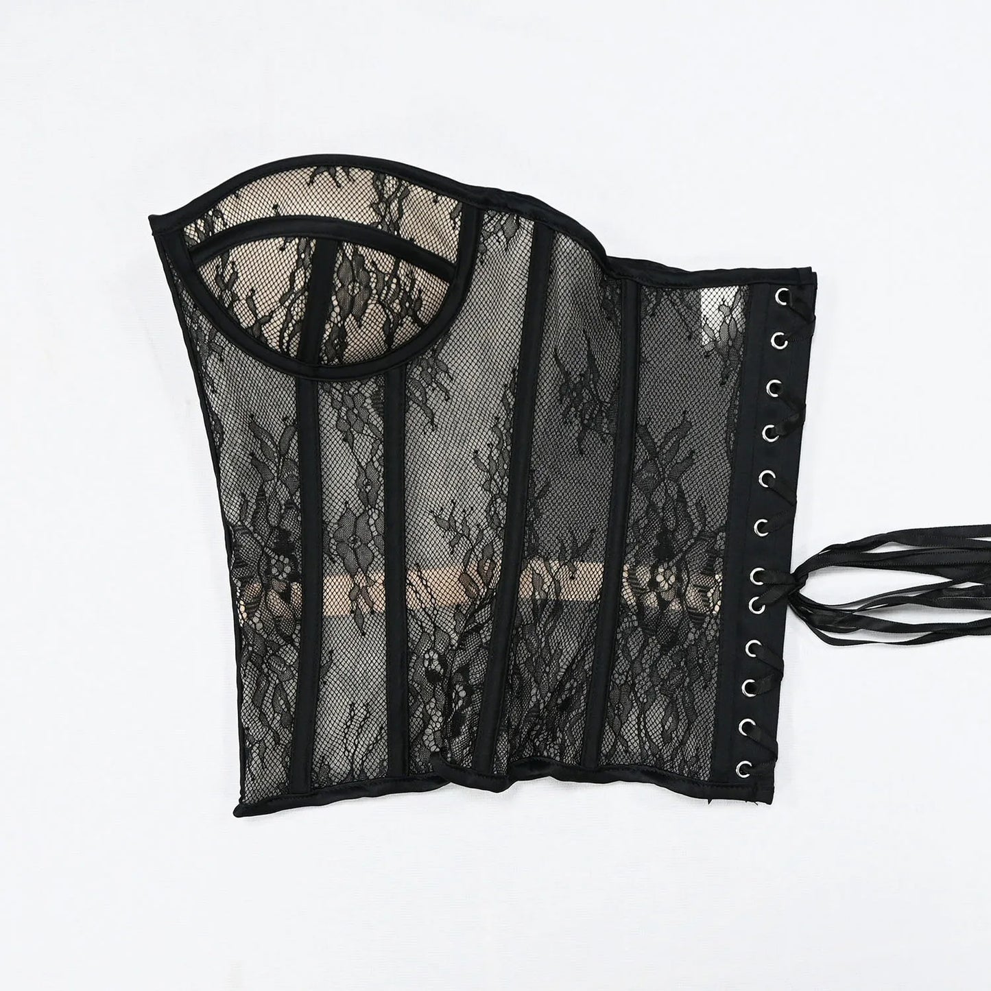 Steel Bone Korset Woman Hollow Out Strapless Lace Bra Bustier Top Mesh Women Lingerie Black White Biege Corset
