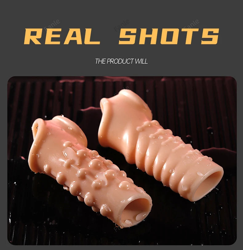 2PCS Reusable Penis Enlargement Sleeves Realistic Textured Cock Ring Sex Toy Enlarger Condom Soft Penis Sleeve for Men Couples