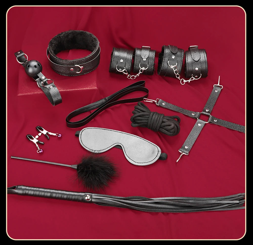 BDSM Bondage Restraint Kit 10 Pieces Drawstrings Collars Eye Masks Mouth Balls Whips Cotton Ropes Nipple Clamps Rope for Couple