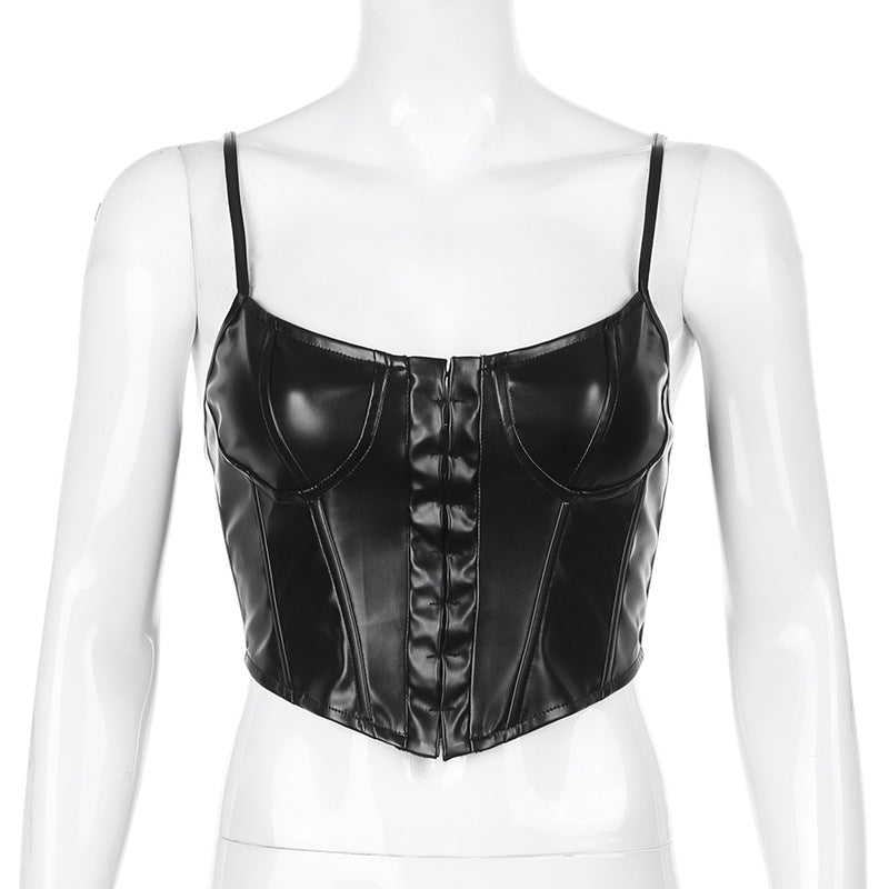 Women Corset Bustier Crop Top Lace-up Bandage Black Gothic Leather Underbust Suspender Cami Vest Waist BodyshaperTank Cummerbund