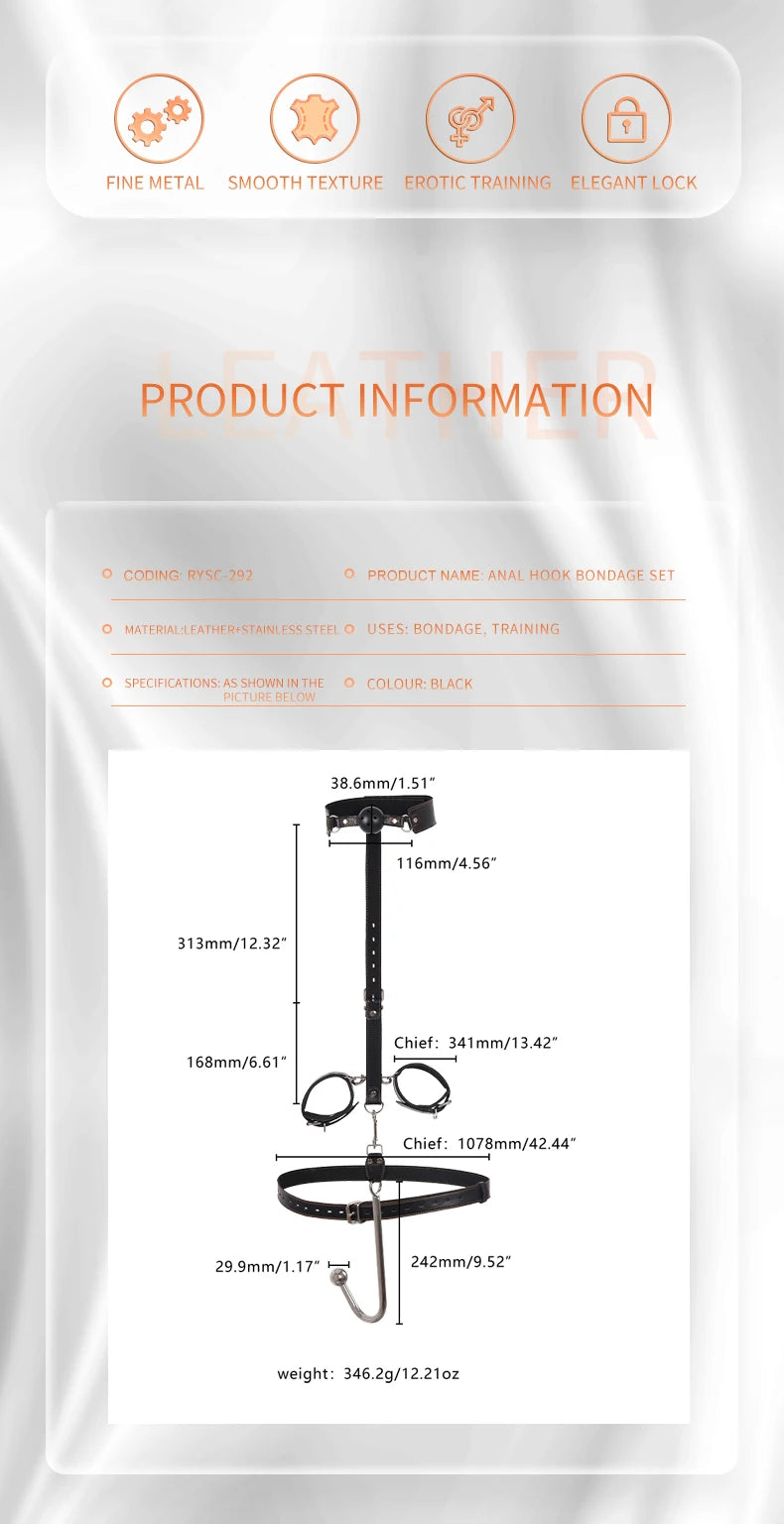 BDSM anal hook leather set, sex assist position, metal hook restraint, belt mouth plug handcuffs, adult sex toys