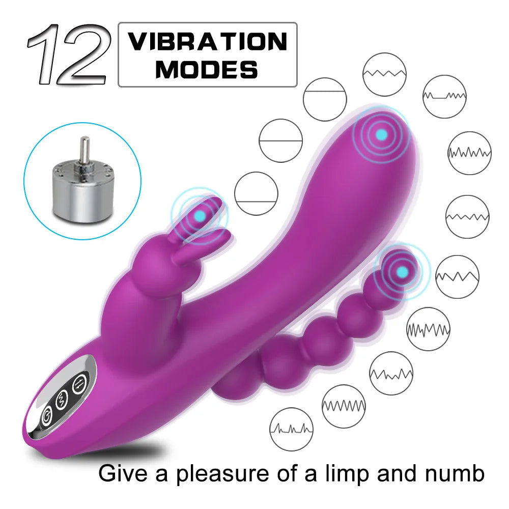 12 Modes G Spot Rabbit Vibrator Clitoral Stimulator Anal Triple Curve Massager Anal Beads Sex Toys For Women Couples Dildo