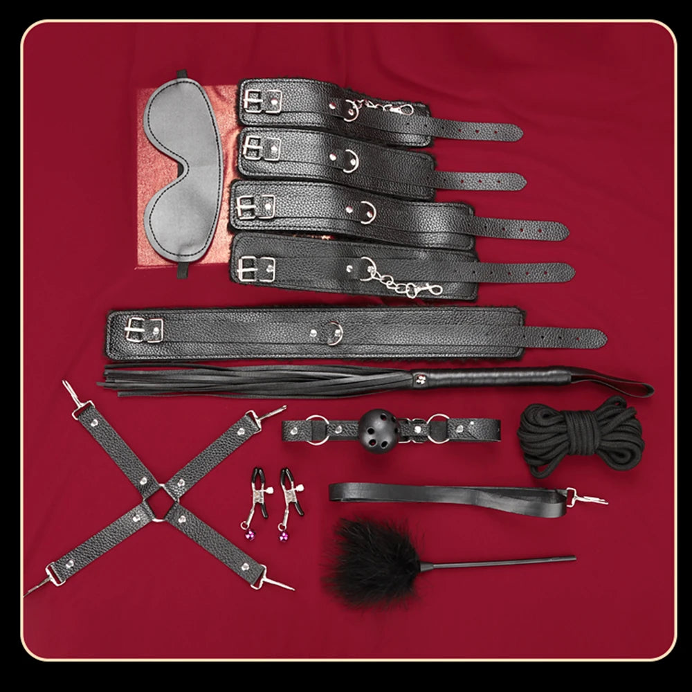 BDSM Bondage Restraint Kit 10 Pieces Drawstrings Collars Eye Masks Mouth Balls Whips Cotton Ropes Nipple Clamps Rope for Couple