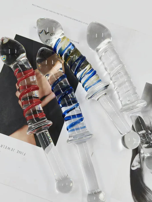 Adult sexual products, red and blue striped long handled glass dildo, female masturbation sex toys