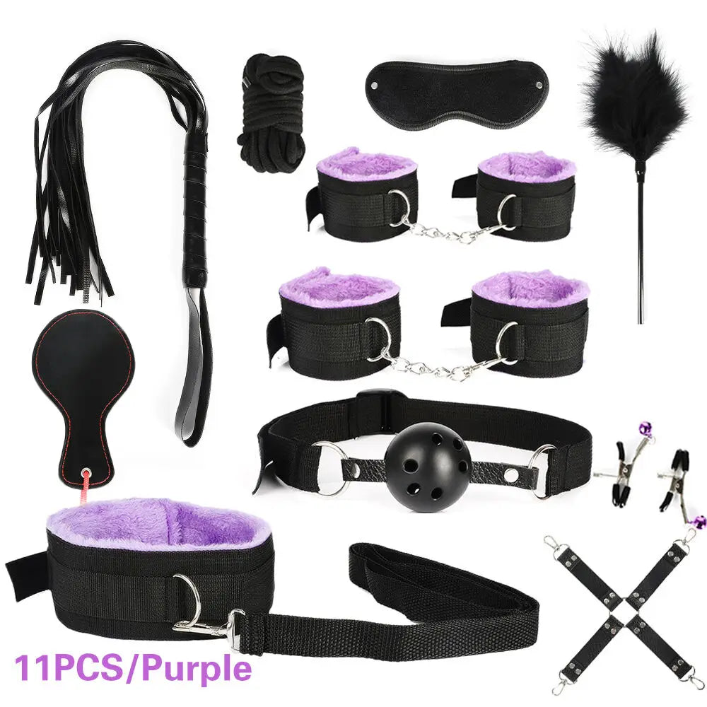 BDSM Kits Exotic Bed Bondage Set Exotic Sex Toys For Adults Games Leather Handcuffs Whip Gag Nipple Clamps Women Sex Products
