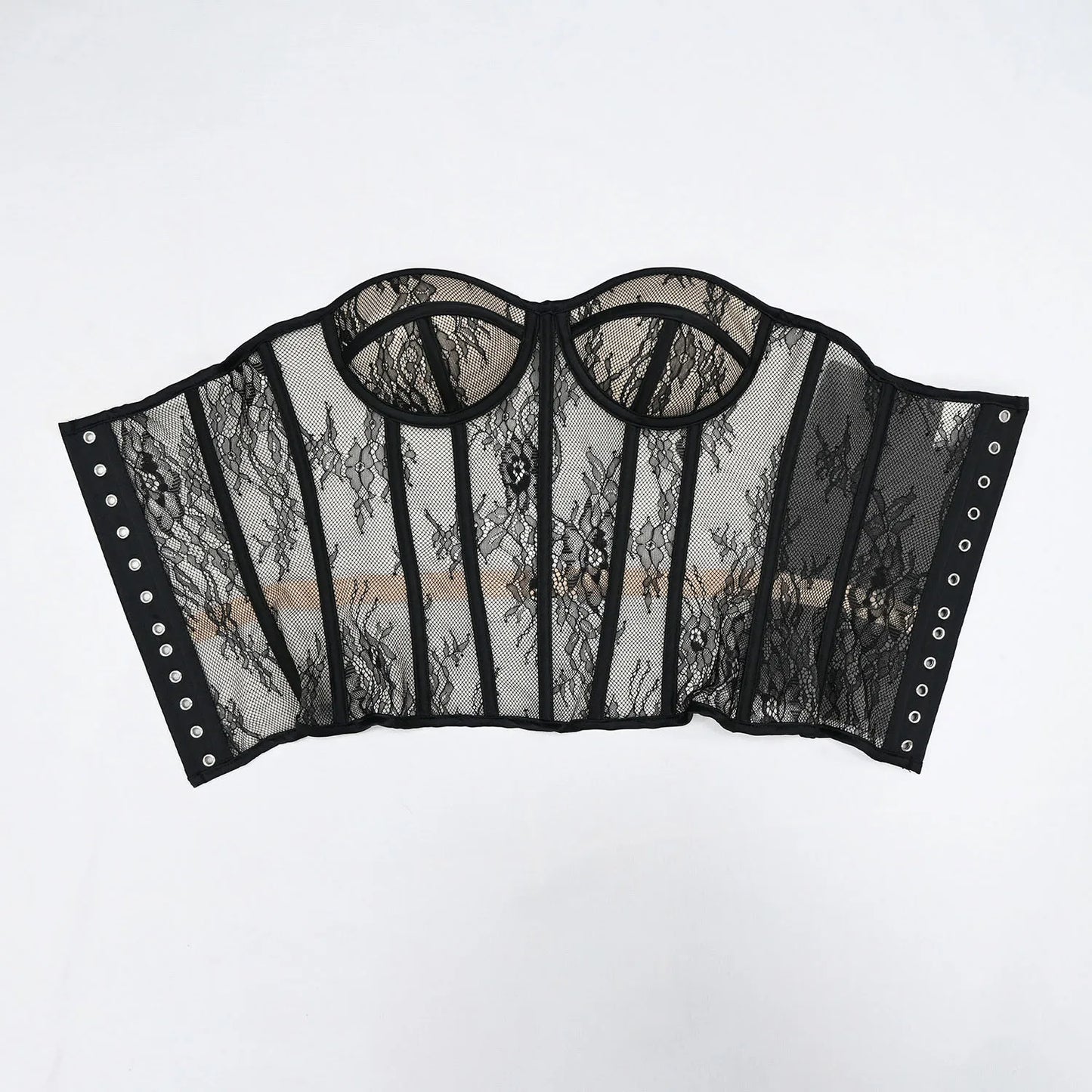 Steel Bone Korset Woman Hollow Out Strapless Lace Bra Bustier Top Mesh Women Lingerie Black White Biege Corset
