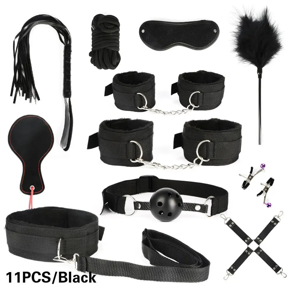 BDSM Kits Exotic Bed Bondage Set Exotic Sex Toys For Adults Games Leather Handcuffs Whip Gag Nipple Clamps Women Sex Products