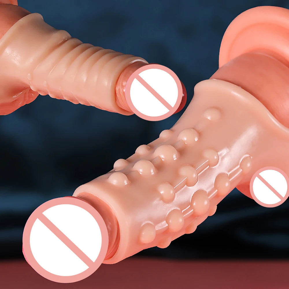2PCS Reusable Penis Enlargement Sleeves Realistic Textured Cock Ring Sex Toy Enlarger Condom Soft Penis Sleeve for Men Couples