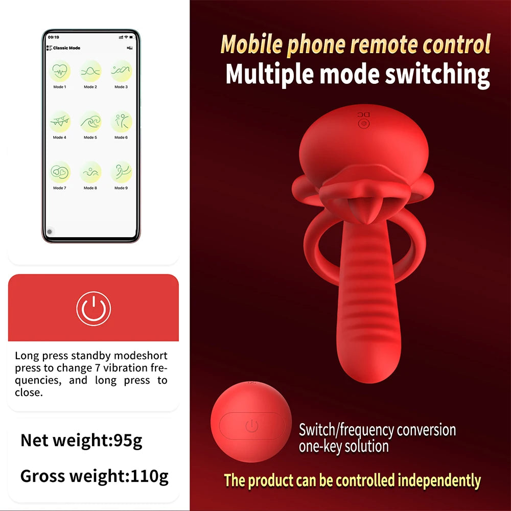 App Vibrating Penis Ring Vibrator with Sexy Licking Mouth G Spot Clitoral Stimulator Cock Rings Couples Adult Sex Toys for Men