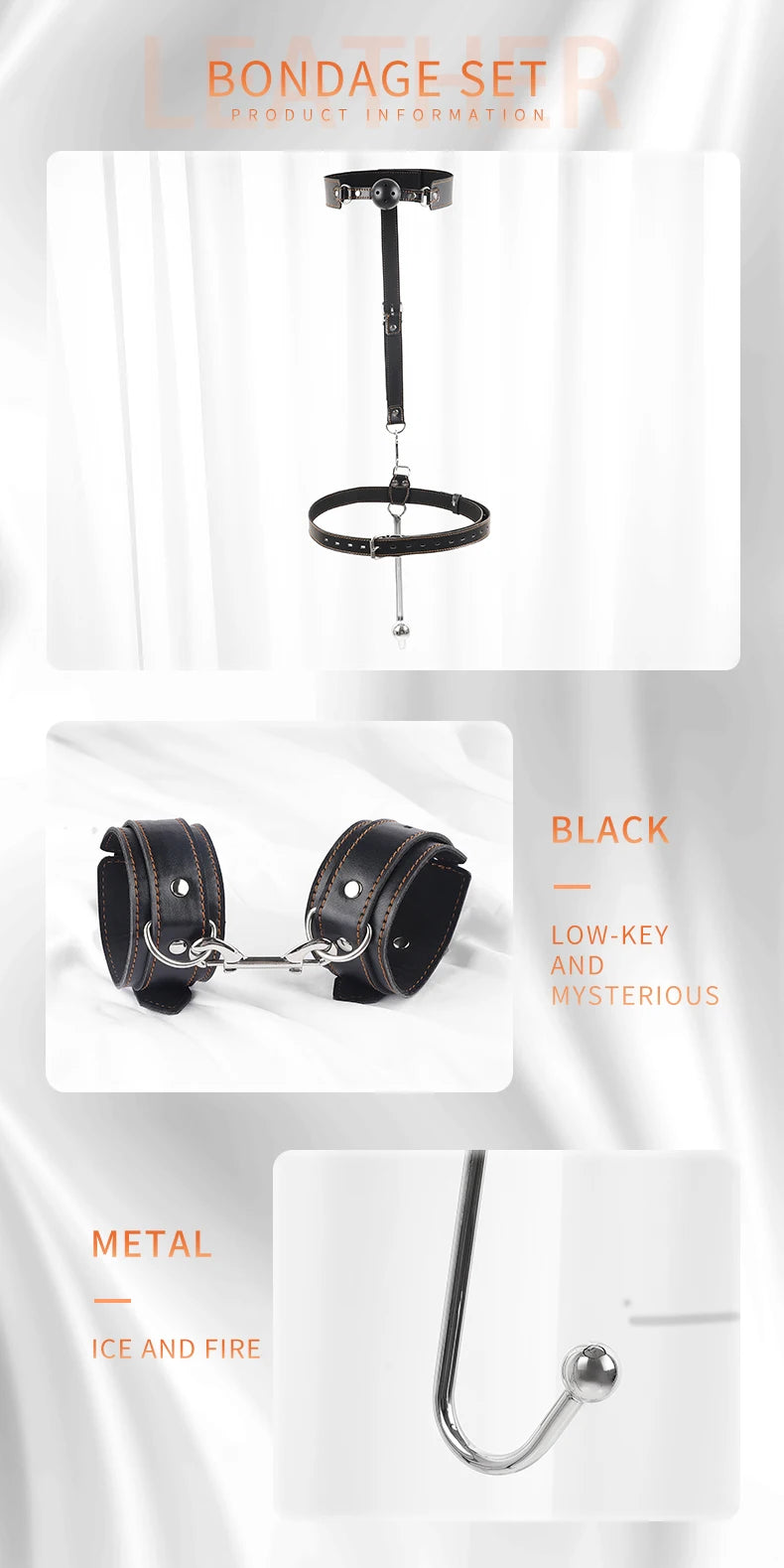 BDSM anal hook leather set, sex assist position, metal hook restraint, belt mouth plug handcuffs, adult sex toys