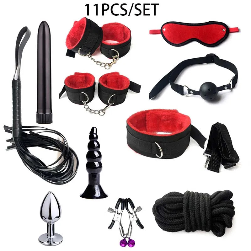 BDSM Kits Sex Bondage Set Handcuffs Gag Whip Nipple Clamps Erotic Sex Toys for Women Couples Adult Sex Shop Anal Butt Plug Tail