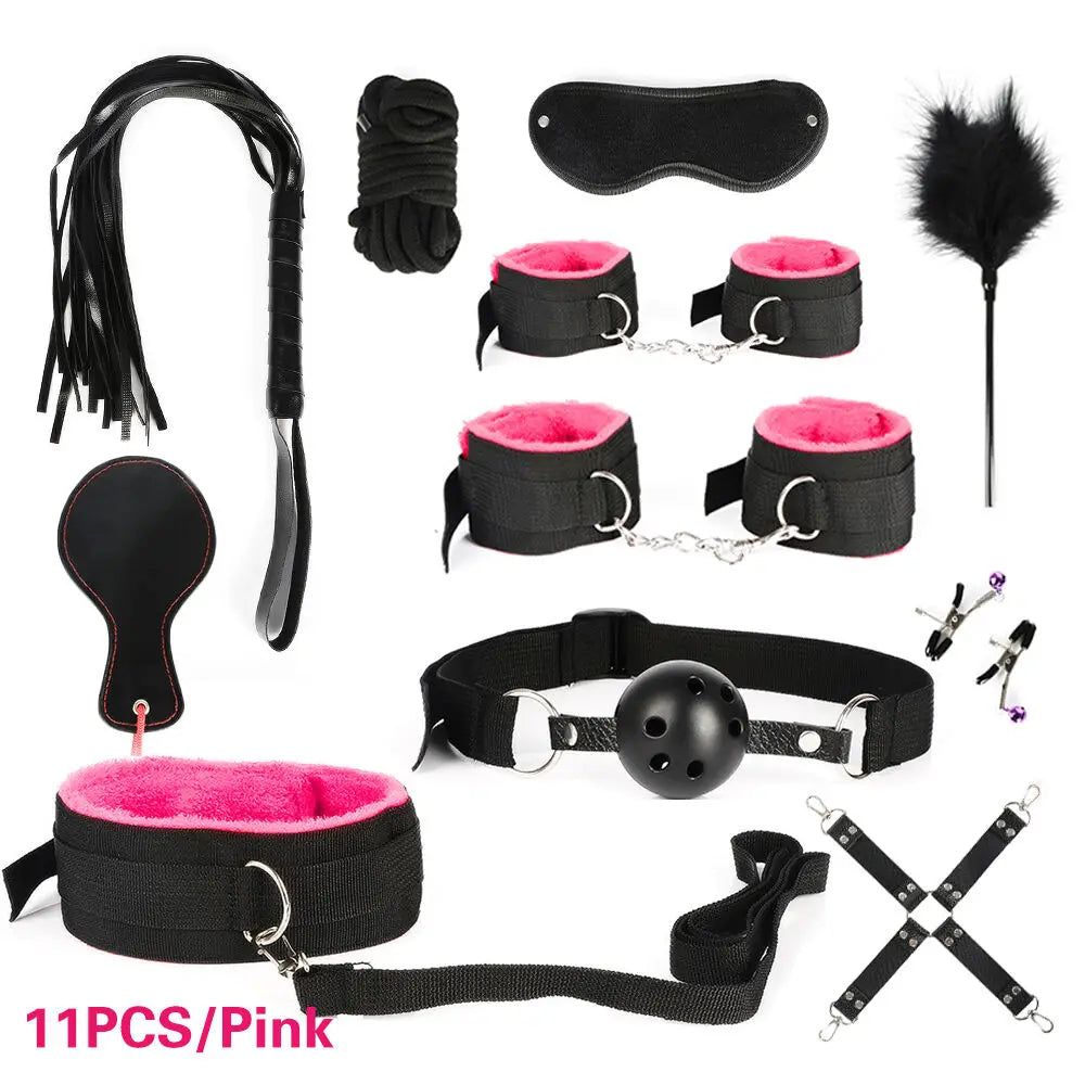 BDSM Kits Exotic Bed Bondage Set Exotic Sex Toys For Adults Games Leather Handcuffs Whip Gag Nipple Clamps Women Sex Products