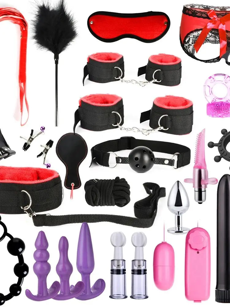 Exotic Bed Bondage Set BDSM Kits Exotic Sex Toys For Adults Games Leather Handcuffs Whip Gag Nipple Clamps Women Sex Products
