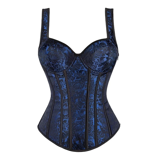 Sexy Women Corset with Straps Black Overbust Corset Plus Size Floral Jacquard Corsets Zipper Top Gothic Steampunk Corset Bustier