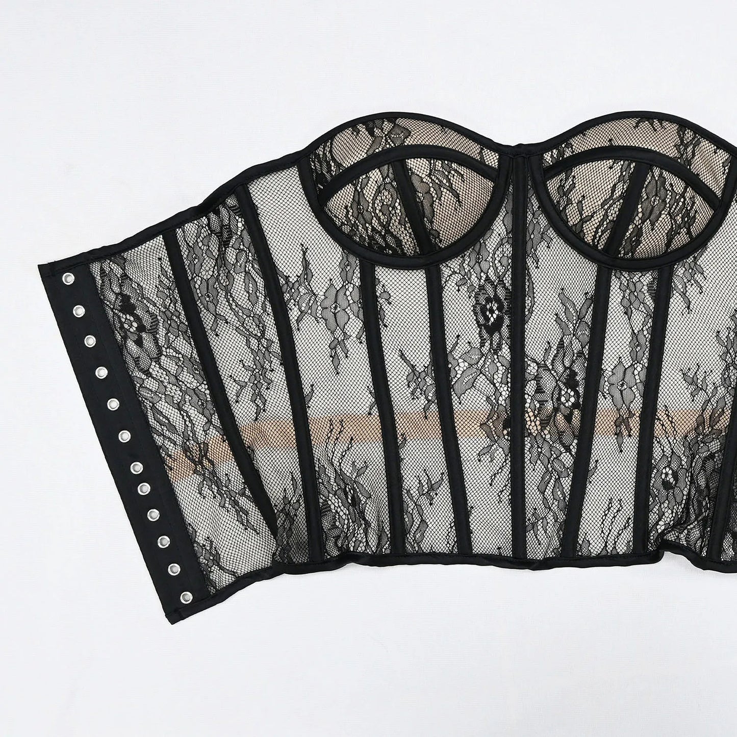 Steel Bone Korset Woman Hollow Out Strapless Lace Bra Bustier Top Mesh Women Lingerie Black White Biege Corset