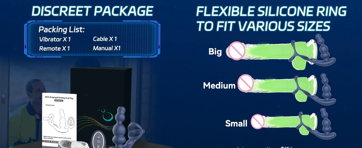 Male Prostate Massager 360° Rotation Anal Vibrator with Penis Ring Butt Plug Remote Control Wearable Anus Sex Toy for Men Gay