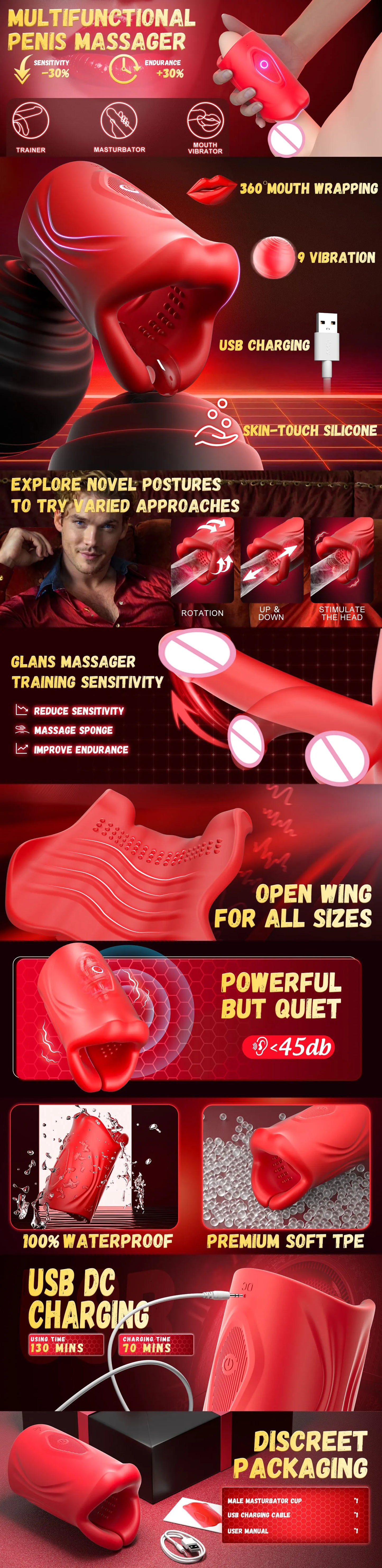 Male Masturbator Penis Training Vibrator Men Glans Massage Stimulator with 9 Vibration Delay Training Exerciser Adult Sex Toy 18