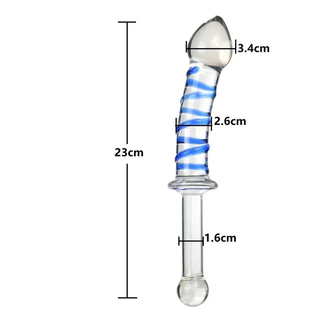 Adult sexual products, red and blue striped long handled glass dildo, female masturbation sex toys