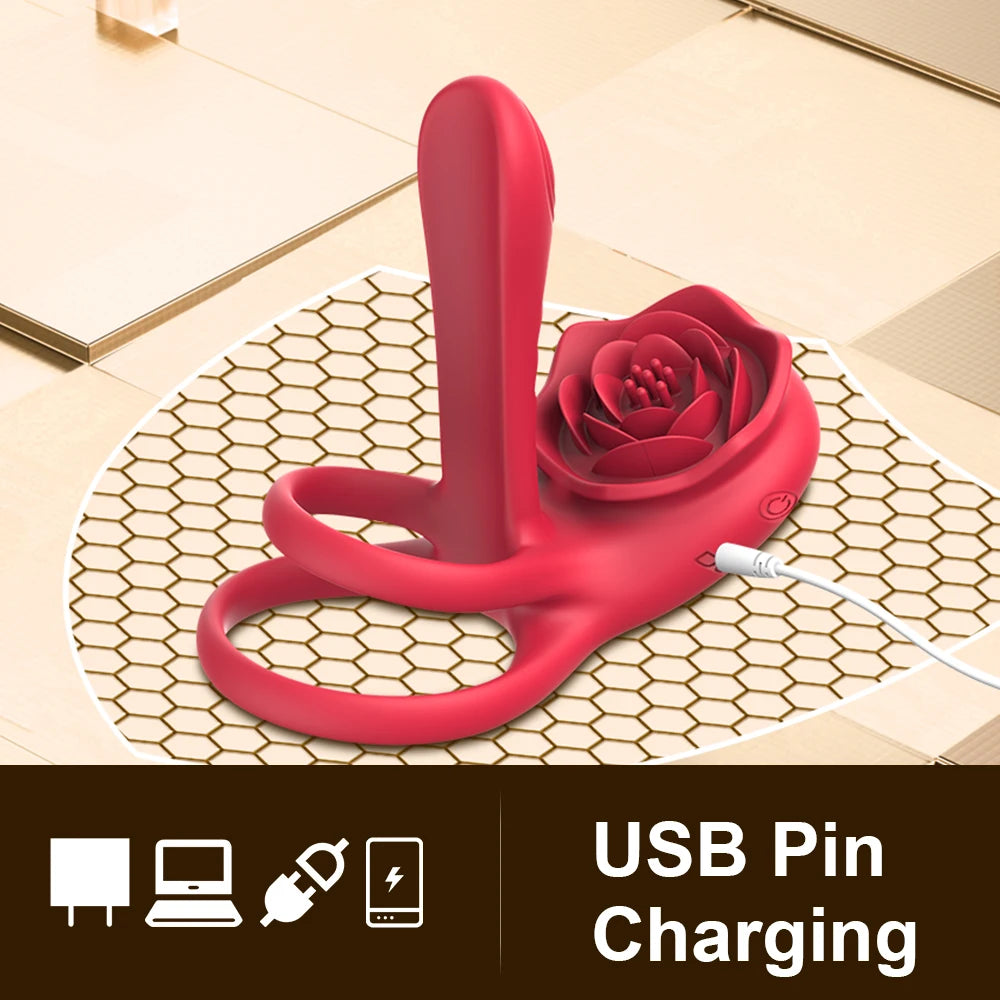Rose Penis Cock Ring Vibrator Powerful Penis Ring Delay Ejaculation Female G-spot Clitoral Massager Adult Sexy Toys for Couple