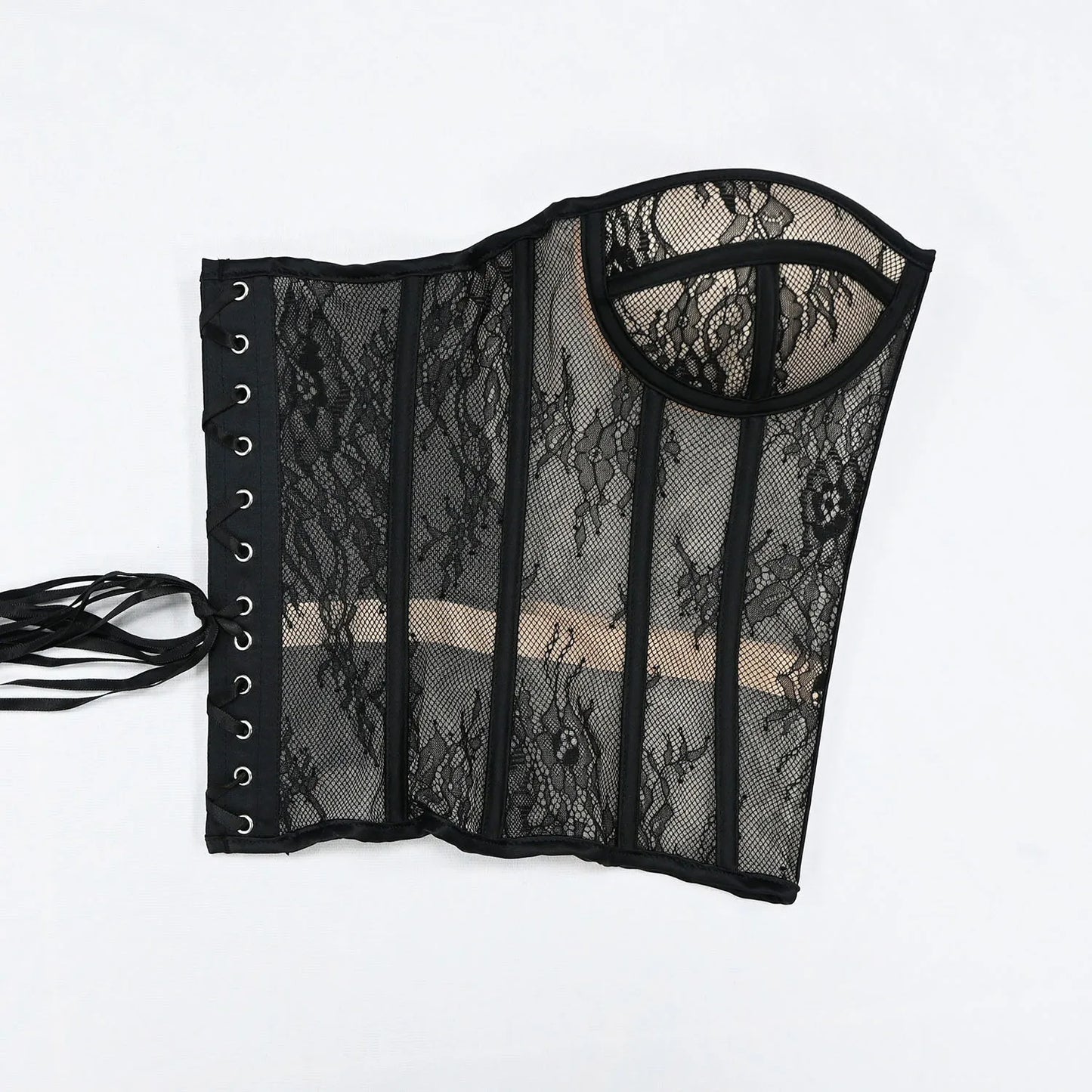Steel Bone Korset Woman Hollow Out Strapless Lace Bra Bustier Top Mesh Women Lingerie Black White Biege Corset