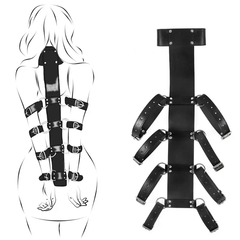 Bdsm Full Body Leather Restraint Straps Hand Behind Back Bondage Bondage Black Belt Arm Body Binder Glove Sleeves Sex Bandage