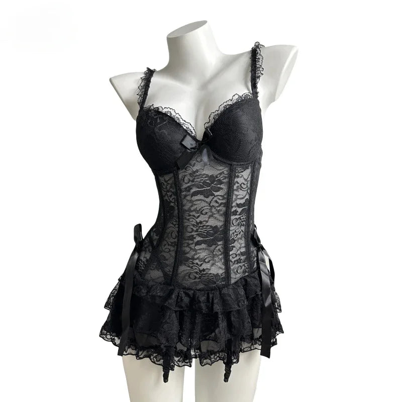 Black Corset Lingerie Dress Women Sexy Overbust Push Up Corset Lace Fishbone Corset Transparent Bustier Clubwear Lingeries 2025
